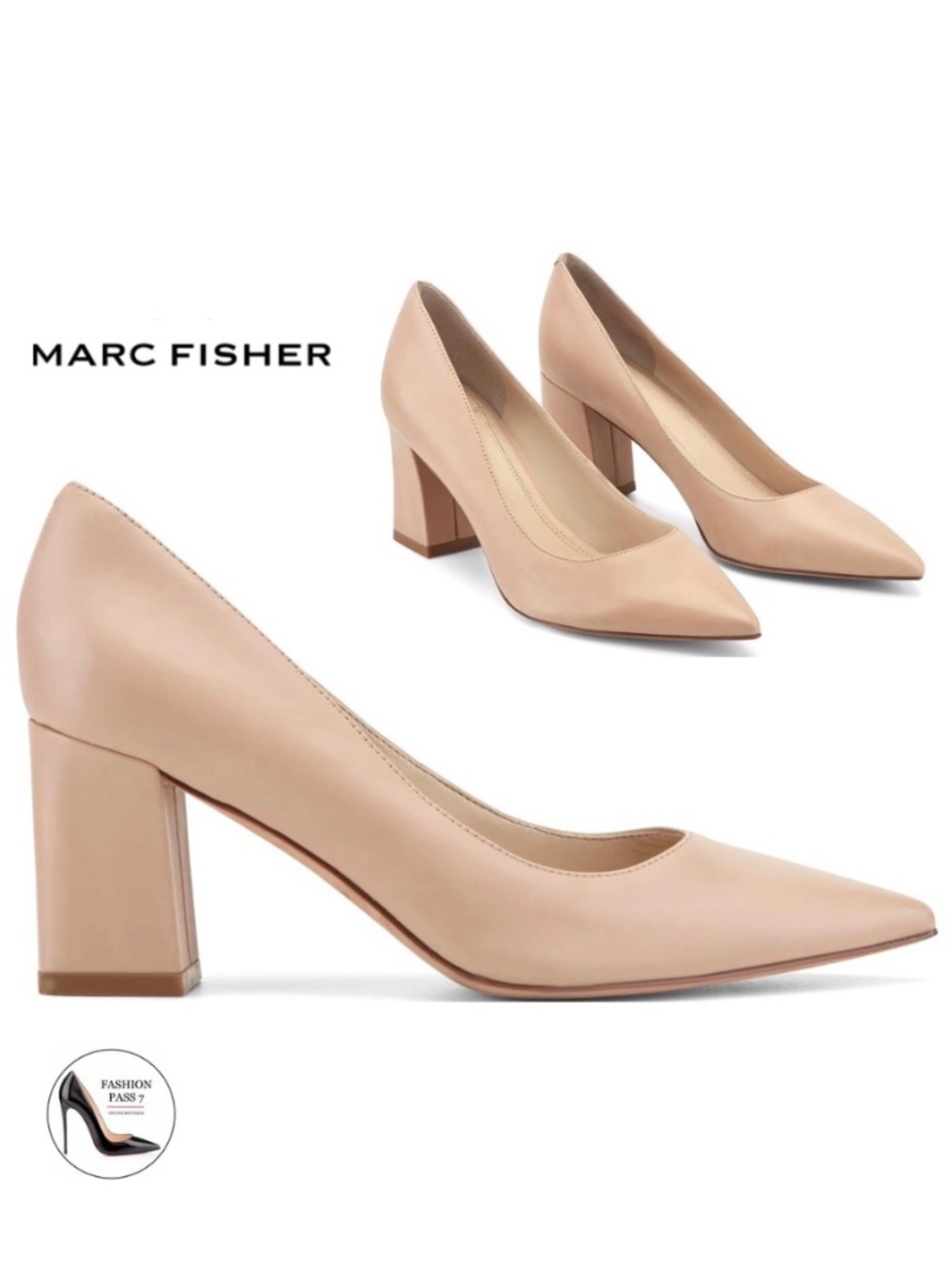 MARC FISHER Zala Nude Beige Leather Classic Pointed Toe Medium Block Heel Pump 8